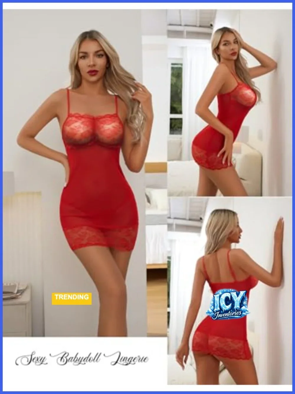 Lace Mesh Babydoll Chemise Nightgown with V-Neck and Adjustable Straps